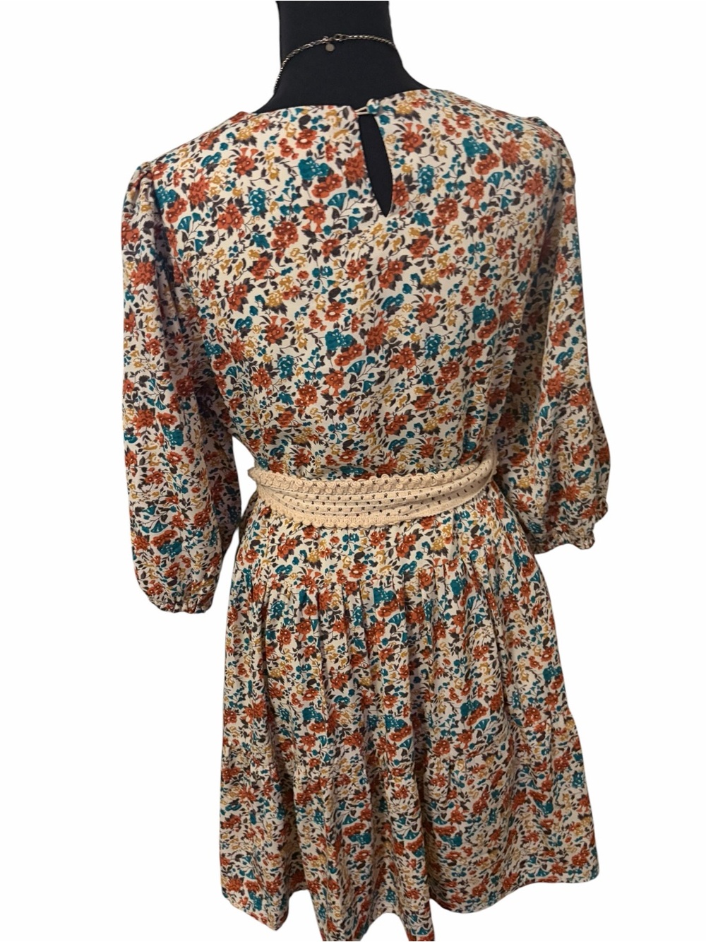 Pink Lily Cream Floral Dress with Rust and Teal Accents - Picture 6 of 7